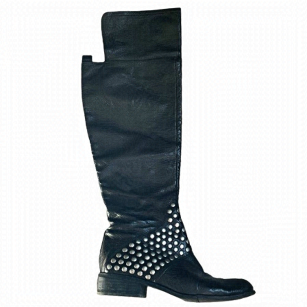 𝅺NINE West Vanickson Black Leather Tall Studded Boots SZ 6